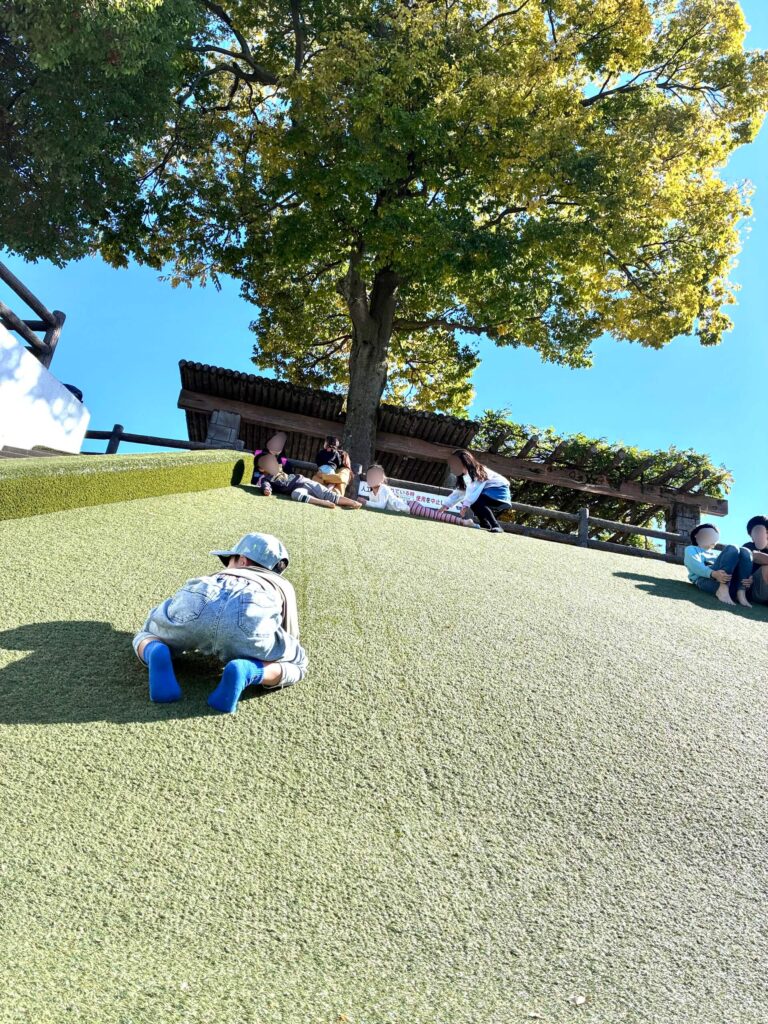 刈谷交通公園の芝生すべり台で遊ぶ子供たち