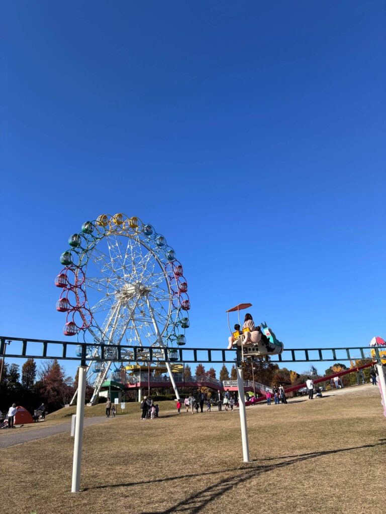 堀内公園のサイクルモノレールに乗るママと息子