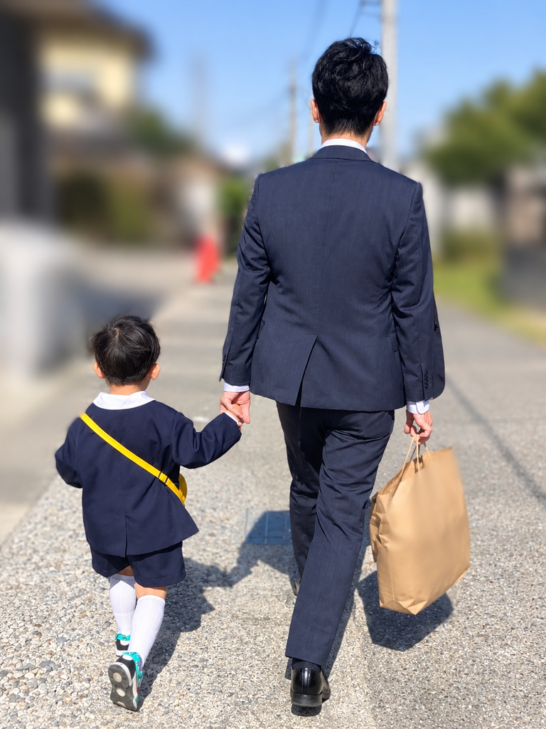 幼稚園へ向かう父親と息子